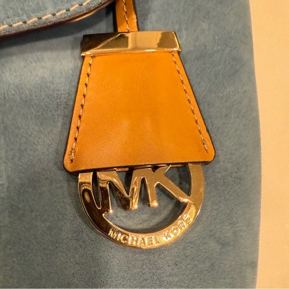 Michael Kors Women’s “Romy” Denim Blue Suede & Tan Leather Backpack NWT - Picture 4 of 16